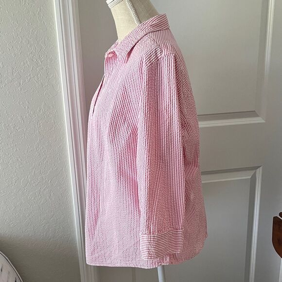 L.L. Bean Pink and White Seersucker Cotton Button up Blouse 3/4 Sleeve SZ XL - Picture 6 of 8